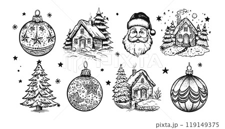 Christmas cookie, ball, tree, house, set, Hand drawn illustration	 119149375