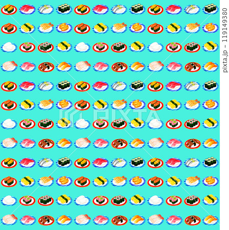 皿に乗ったお寿司のシームレスパターン　手描き水彩イラストの食べ物柄 119149380