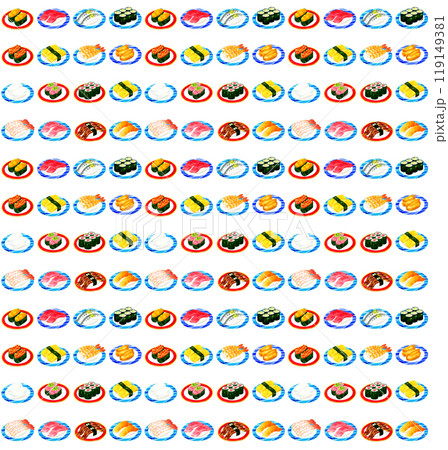 皿に乗ったお寿司のシームレスパターン　手描き水彩イラストの食べ物柄 119149381