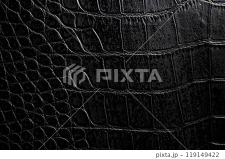 Close up of black crocodile skin artificial leather with customizable space for text or for mockup Close up of black crocodile skin artificial leather with customizable space for text or for mockup 119149422