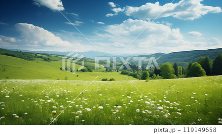 landscape photo of a green flowering meadow on a sunny summer day 119149658