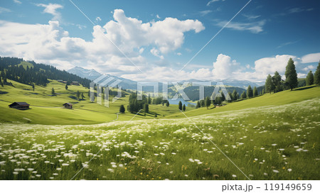 landscape photo of a green flowering meadow on a sunny summer day 119149659