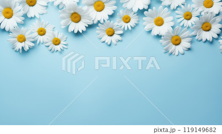 daisies on a blue background, top view, spring background daisies on a blue background, top view, spring background 119149682