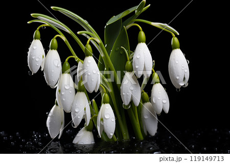 bouquet of snowdrops with water drops on a black background 119149713