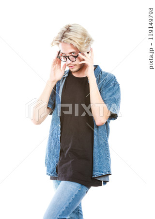 Hipster man with eccentric glasses studio shot Hipster man with eccentric glasses studio shot 119149798