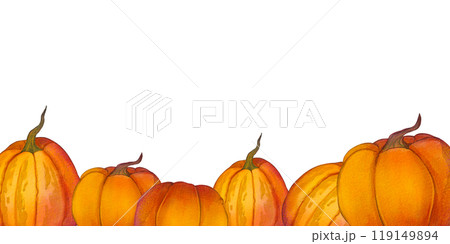 Watercolor border with pumpkins on a white background. Illustration of a vegetable at harvest. Farming in autumn. Halloween theme. It is suitable for postcards, rural designs, packages. Watercolor border with pumpkins on a white background. Illustration of a vegetable at harvest. Farming in autumn. Halloween theme. It is suitable for postcards, rural designs, packages. 119149894