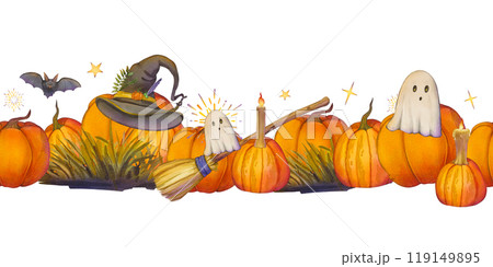 Seamless watercolor border with pumpkins and Halloween attributes. Illustration of a creepy pumpkin, broom, ghost, hat. Halloween themed a witch hat, a bat. Suitable for design, postcards, ribbons. Seamless watercolor border with pumpkins and Halloween attributes. Illustration of a creepy pumpkin, broom, ghost, hat. Halloween themed a witch hat, a bat. Suitable for design, postcards, ribbons. 119149895