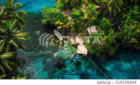 Woman on pier in transparent lake with transparent blue water in Indonesia. Aerial view Woman on pier in transparent lake with transparent blue water in Indonesia. Aerial view 119150044