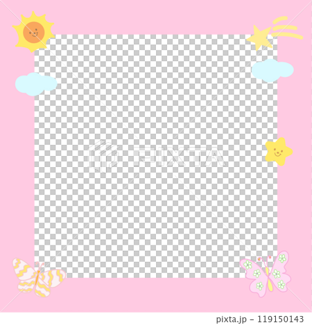 Cute square frame with butterfly, stars, cloud for polaroid photo, banner, social media post, ad template, memo, sticky note, notepad, paper design, book cover, animal print, blossom, picnic, summer Cute square frame with butterfly, stars, cloud for polaroid photo, banner, social media post, ad template, memo, sticky note, notepad, paper design, book cover, animal print, blossom, picnic, summer 119150143