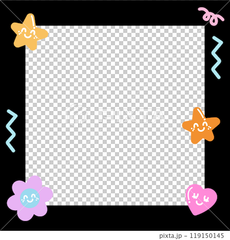 Cute square frame with flower, heart, star for polaroid photo, banner, social media post, ad template, memo, sticky note, notepad, paper design, card, spring, summer, cartoon frame, floral print, book 119150145