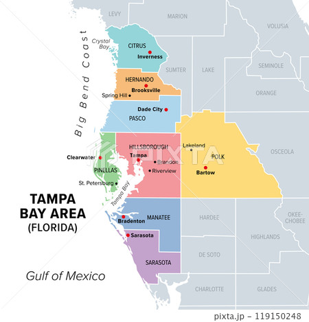 Tampa Bay area, Florida, United States, multi colored political map. Major metropolitan area surrounding Tampa Bay on the Gulf Coast of Florida. Map with counties, their capitals, and major cities. 119150248
