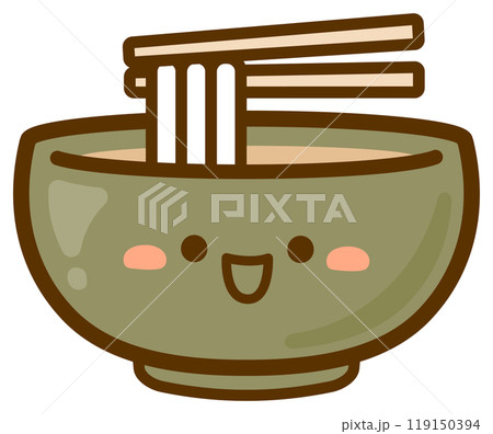 かわいいうどんのベクターイラスト、緑色のどんぶり鉢に入ったかけうどん かわいいうどんのベクターイラスト、緑色のどんぶり鉢に入ったかけうどん 119150394