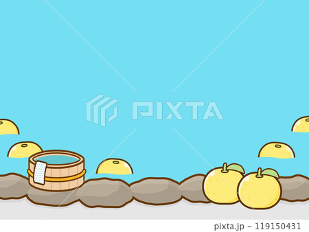 冬至のゆず湯と柚子と風呂桶のベクターイラスト、コピースペースがある温泉の背景素材09 119150431