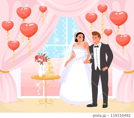 Bride and groom posing for photo vector illustration Bride and groom posing for photo vector illustration 119150492