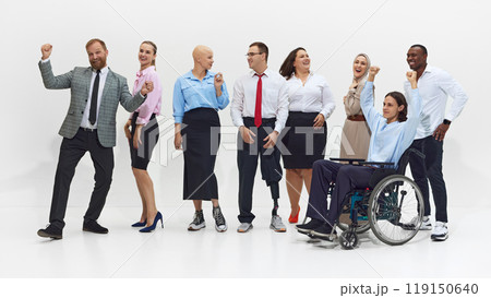 Diverse group of colleagues engage in lively conversation, smiling and gesturing. Collaboration and acceptance in a professional setting. Diverse group of colleagues engage in lively conversation, smiling and gesturing. Collaboration and acceptance in a professional setting. 119150640
