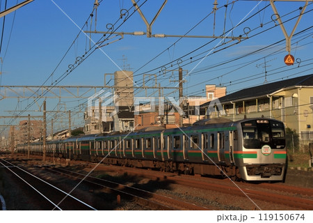 夕日に車体を染めながら疾走する東海道線E217系電車_2009/7/26撮影 119150674