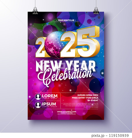 Happy New Year 2025 Party Celebration Poster Template Illustration with Shiny Disco Ball and 3d Typography Lettering on Colorful Background. Vector New Year Eve Holiday Design. Premium Invitation 119150939