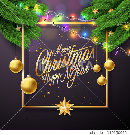 Merry Christmas and Happy New Year Illustration with Gold Glass Ball, Star and Lights Garland on Black Background. Vector Holiday Season Banner Design for Greeting Card, Party Flyer, Celebration 119150953