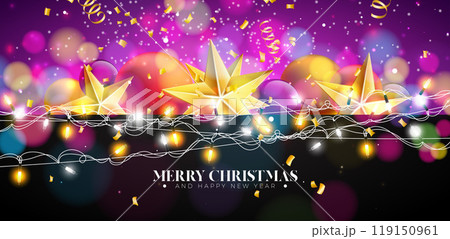 Merry Christmas and Happy New Year Illustration with Glass Ball, Star and Typography Letter on Violet Background. Vector Holiday Season Banner Design for Greeting Card, Party Flyer, Celebration Poster Merry Christmas and Happy New Year Illustration with Glass Ball, Star and Typography Letter on Violet Background. Vector Holiday Season Banner Design for Greeting Card, Party Flyer, Celebration Poster 119150961