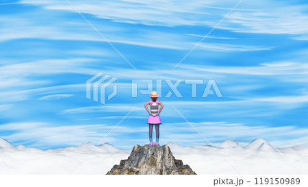 高台から山脈を眺める山ガール　文字入れ用背景素材 119150989