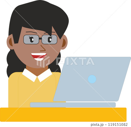 illustration of a young black woman with glasses while working or studying on a laptop computer 119151082