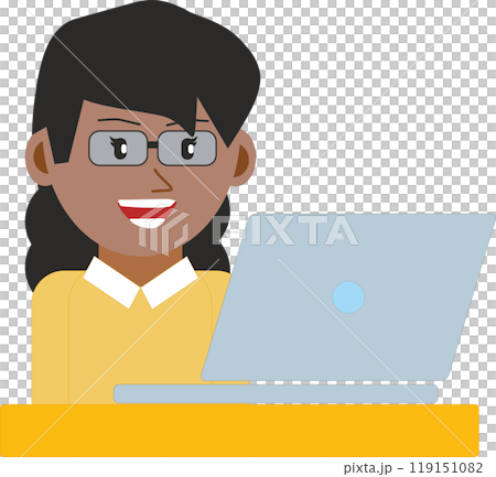 illustration of a young black woman with glasses while working or studying on a laptop computer illustration of a young black woman with glasses while working or studying on a laptop computer 119151082