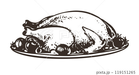Hand drawn roast turkey in a plate with vegetables. Vector sketch of Christmas dish in engraving style. Baked chicken with vegetables on a plate for thanksgiving party. Linear ink drawing. Hand drawn roast turkey in a plate with vegetables. Vector sketch of Christmas dish in engraving style. Baked chicken with vegetables on a plate for thanksgiving party. Linear ink drawing. 119151265