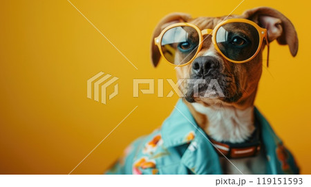 Dapper dog in aviator sunglasses and colorful summer suit, Pop art fun, Trendy dog in summer style 119151593
