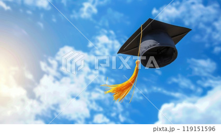 Graduation hat with a tassel soars in the blue sky, Black student hat high into the blue sky 119151596