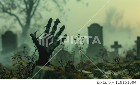 Rise of the mechanical zombie, Eerie steampunk ambiance in cemetery Rise of the mechanical zombie, Eerie steampunk ambiance in cemetery 119151604