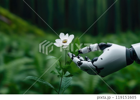 A robot hand is holding a white flower A robot hand is holding a white flower 119151605