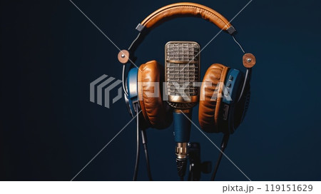 A microphone is on a stand with a pair of headphones 119151629