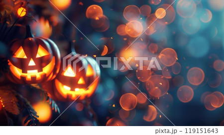 Enchanting Halloween bokeh lights with pumpkin silhouettes on dark background Enchanting Halloween bokeh lights with pumpkin silhouettes on dark background 119151643