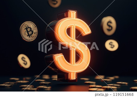 Neon Dollar Signs and Coins in Futuristic 3D Render with Copy Space 119151668