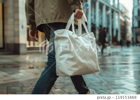 A man carrying a white tote bag, White blank tote bags mockup 119151669