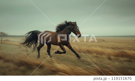 A horse galloping across an open field, Dynamic motion blur 119151670