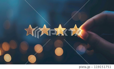 A hand is pointing at four stars, Giving positive review for client's satisfaction surveys, The best excellent business services rating customer experience concept 119151751