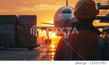 A man in a safety vest stands on the runway next to a large airplane A man in a safety vest stands on the runway next to a large airplane 119151781