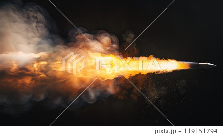 Fire and smoke from a rocket engine on a black background 119151794