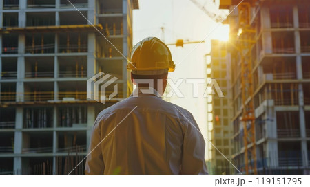 Back view of construction engineer looking at the building in the construction site 119151795