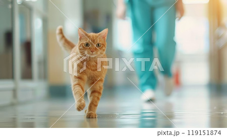 A cat running from a veterinarian in a pets hospital, Veterinarian with a Cat, Pet clinic A cat running from a veterinarian in a pets hospital, Veterinarian with a Cat, Pet clinic 119151874