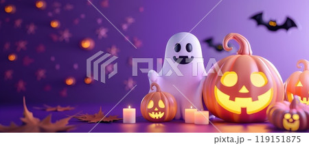 A Halloween scene with a ghost, pumpkins, and bats A Halloween scene with a ghost, pumpkins, and bats 119151875