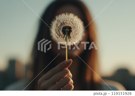 Astronaut Floating in Sky with Dandelion in Hand Astronaut Floating in Sky with Dandelion in Hand 119151926
