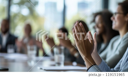 Celebrating Success, Diverse Business Team Applauding at Conference Table with Teamwork and Enthusiasm Celebrating Success, Diverse Business Team Applauding at Conference Table with Teamwork and Enthusiasm 119151965