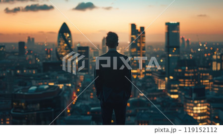A man stands in the middle of a city at night, looking out over the skyline 119152112