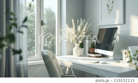 A serene home office with a clean workspace and subtle bokeh lighting for a mindful ambiance 119152113