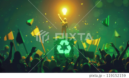 Leader with Light Bulb of Recycling, Podium of Recycled Materials, Green Flag Supporters 119152159