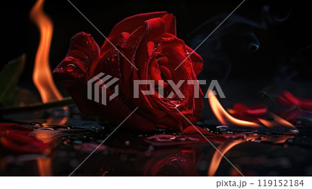 A red rose is floating on a body of water with a reflection of a flame in the ba 119152184