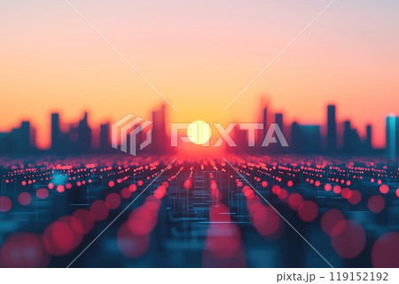 A city skyline with a sun in the sky 119152192