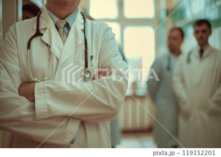 Doctor man with stethoscope on blurred hospital, Healthcare and medicine concept 119152201